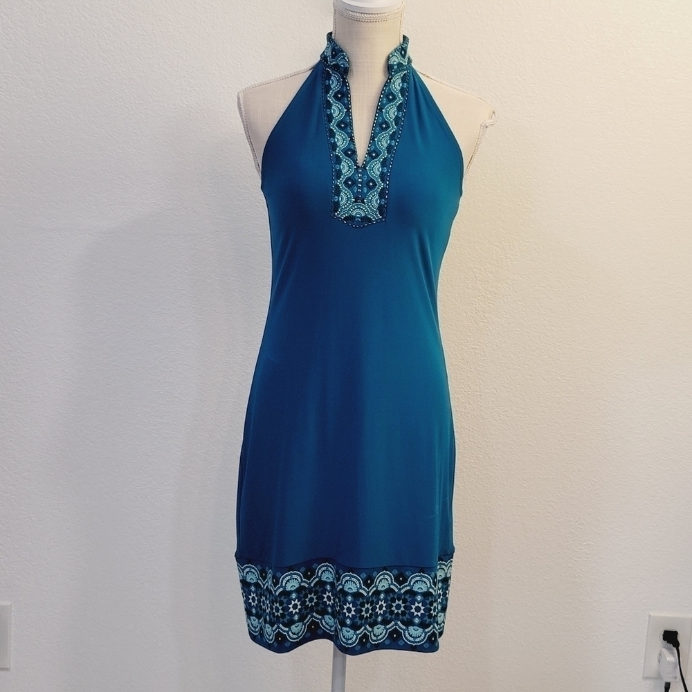 WHITE House Black Market Jersey Dress Turquoise Embroidered Beaded Womens Sz: XS